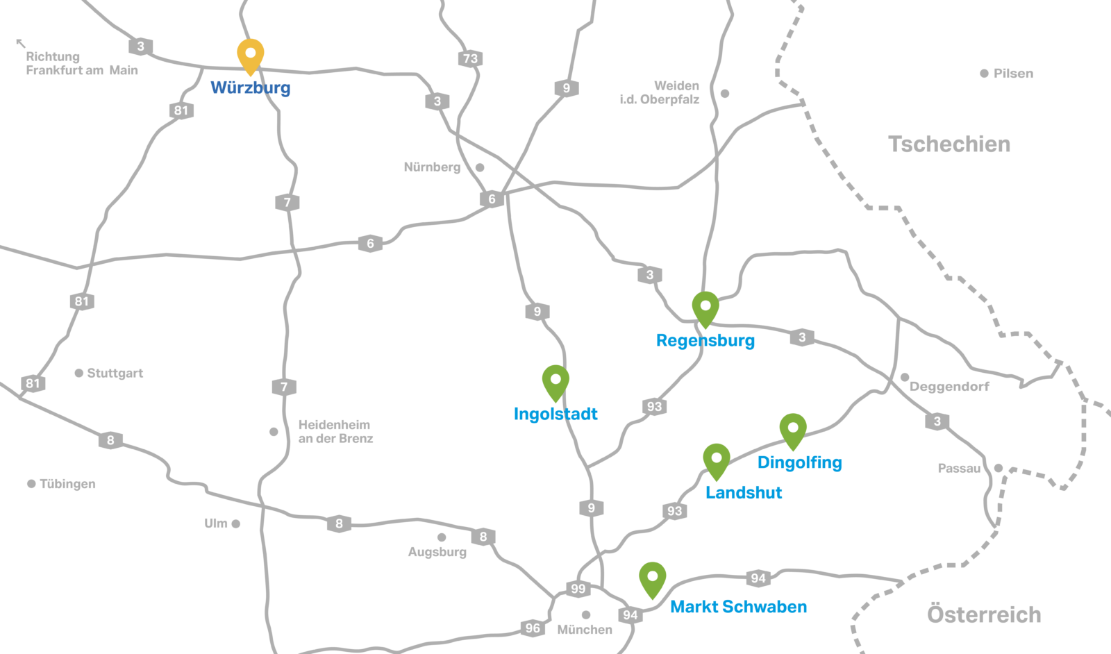 Karte mit den Standorten der BBI Gruppe: Würzburg, Regensburg, Ingolstadt, Dingolfing, Landshut und Markt Schwaben